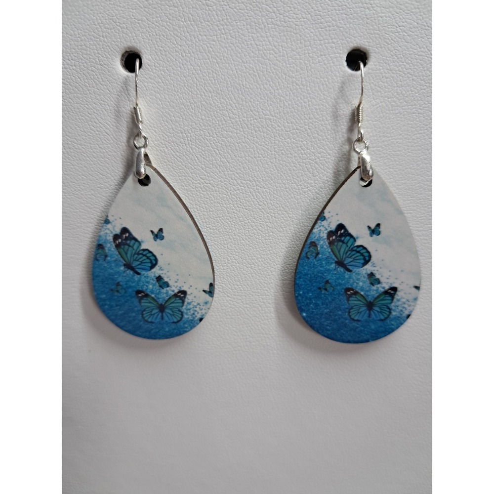 Blue Butterfly Teardrop Dangle Earrings‎ Silver Tone French Hook Nature Jewelry